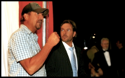 Kevin Costner and David Giammarco rehearsing a scene for the political comedy 