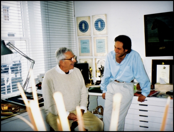 SIR KEN ADAM and DAVID GIAMMARCO, at home in Knightsbridge, London-Maria Letitzia Adam photograph-2001